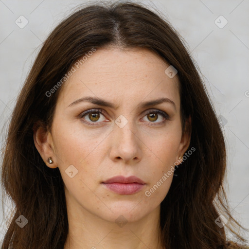 Neutral white young-adult female with long  brown hair and brown eyes