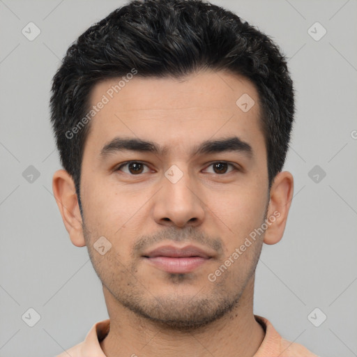 Neutral asian young-adult male with short  black hair and brown eyes