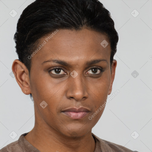 Neutral black young-adult female with short  brown hair and brown eyes