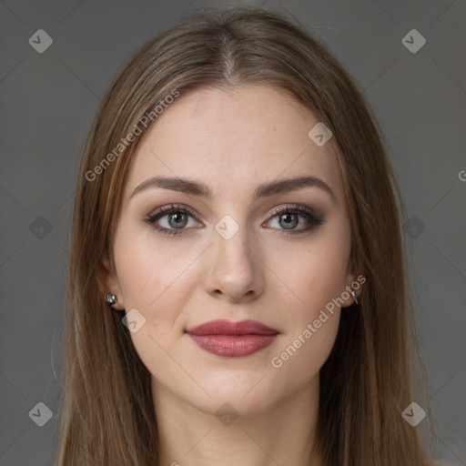 Joyful white young-adult female with long  brown hair and grey eyes