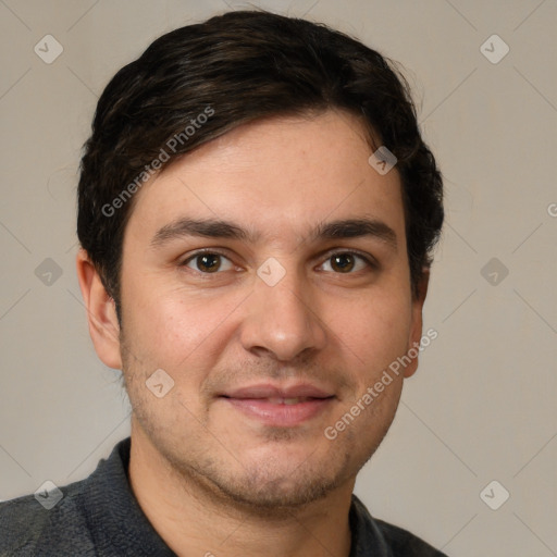 Joyful white young-adult male with short  brown hair and brown eyes