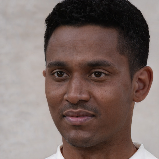 Neutral black young-adult male with short  black hair and brown eyes