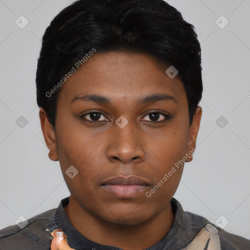 Neutral asian young-adult female with short  black hair and brown eyes