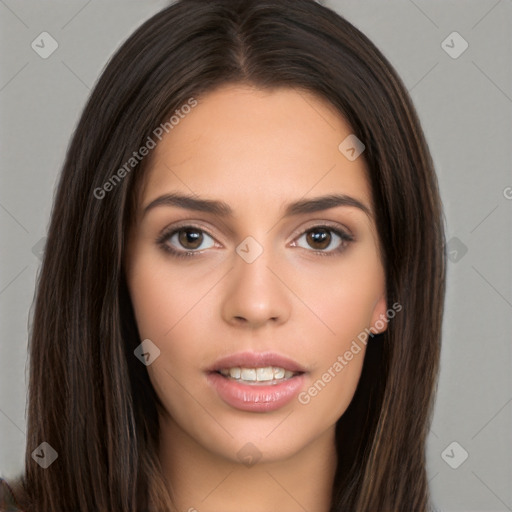 Neutral white young-adult female with long  brown hair and brown eyes