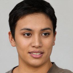 Joyful asian young-adult female with short  black hair and brown eyes