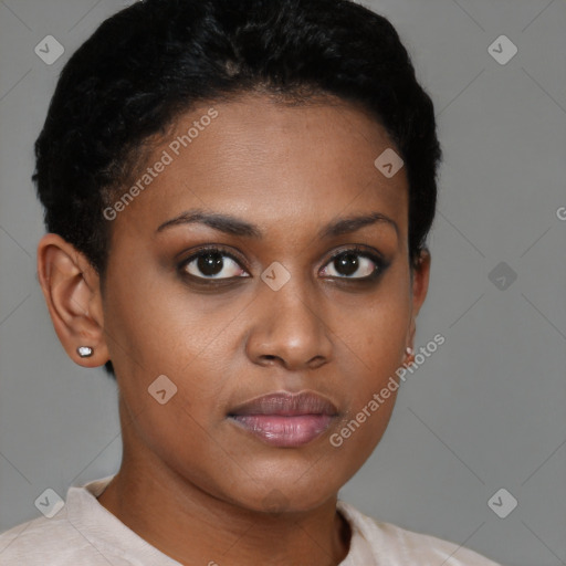 Neutral black young-adult female with short  brown hair and brown eyes