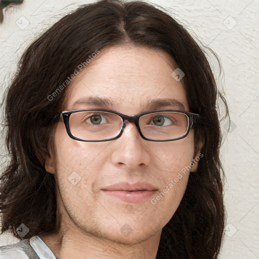 Joyful white adult female with long  brown hair and brown eyes