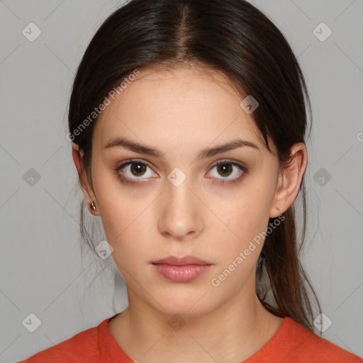 Neutral white young-adult female with medium  brown hair and brown eyes