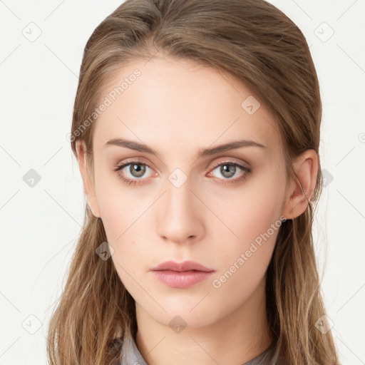 Neutral white young-adult female with long  brown hair and blue eyes