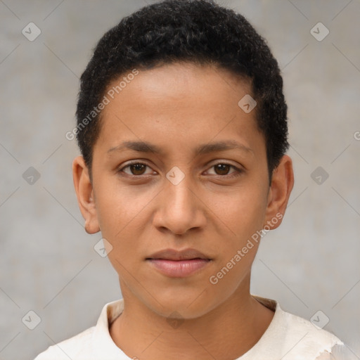 Joyful latino young-adult male with short  brown hair and brown eyes