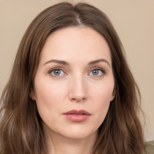 Neutral white young-adult female with long  brown hair and grey eyes