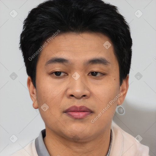 Joyful asian young-adult male with short  black hair and brown eyes