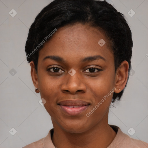 Joyful latino young-adult female with short  black hair and brown eyes