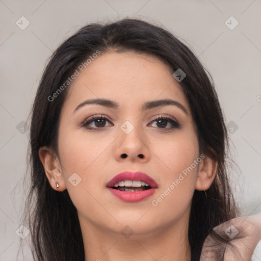 Joyful asian young-adult female with long  brown hair and brown eyes