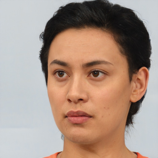 Neutral asian young-adult female with short  brown hair and brown eyes