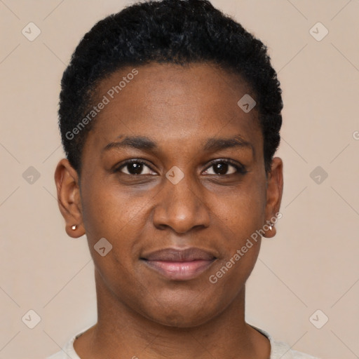 Joyful black young-adult female with short  black hair and brown eyes