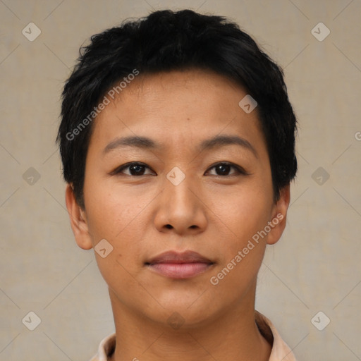 Neutral asian young-adult female with short  black hair and brown eyes