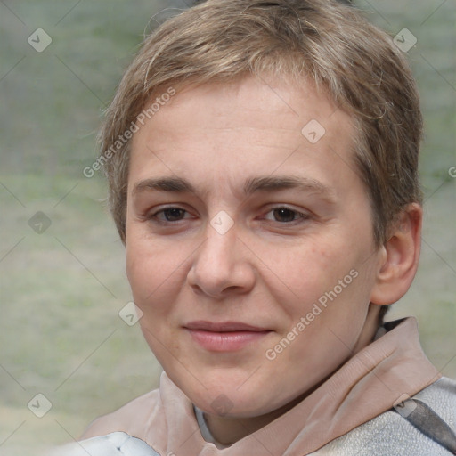 Joyful white young-adult female with short  brown hair and grey eyes