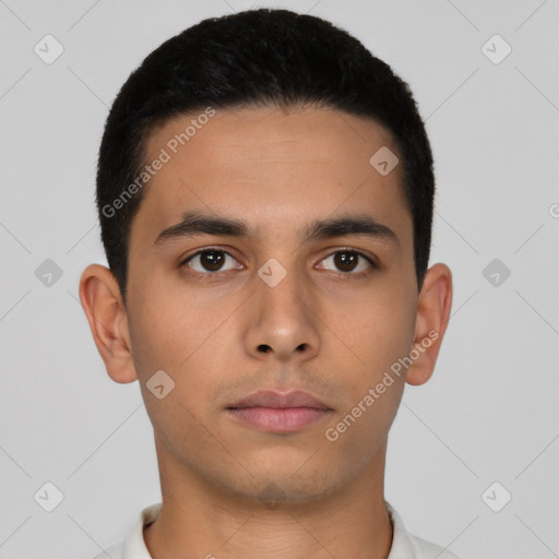 Neutral asian young-adult male with short  brown hair and brown eyes