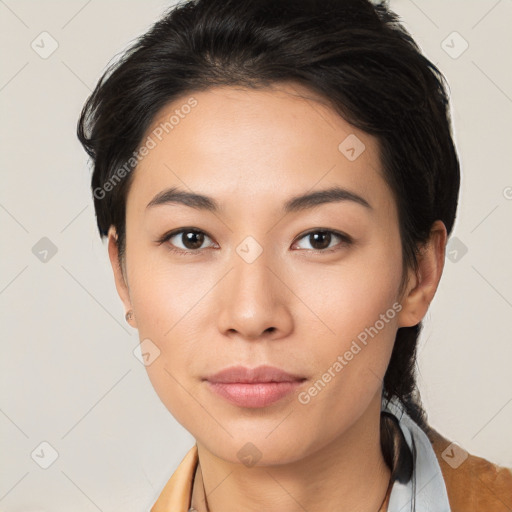 Neutral asian young-adult female with medium  brown hair and brown eyes