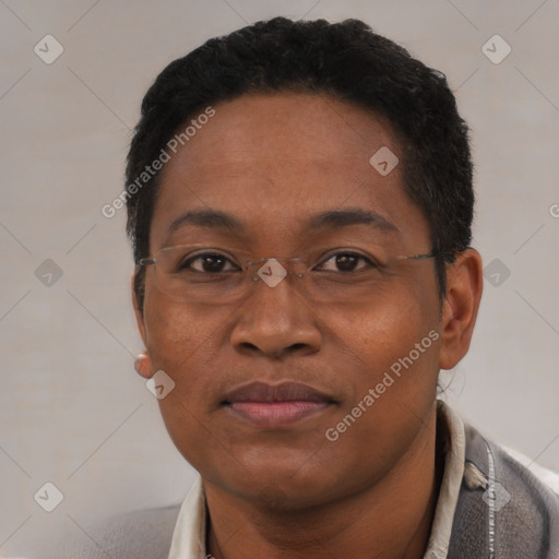Neutral black adult male with short  black hair and brown eyes