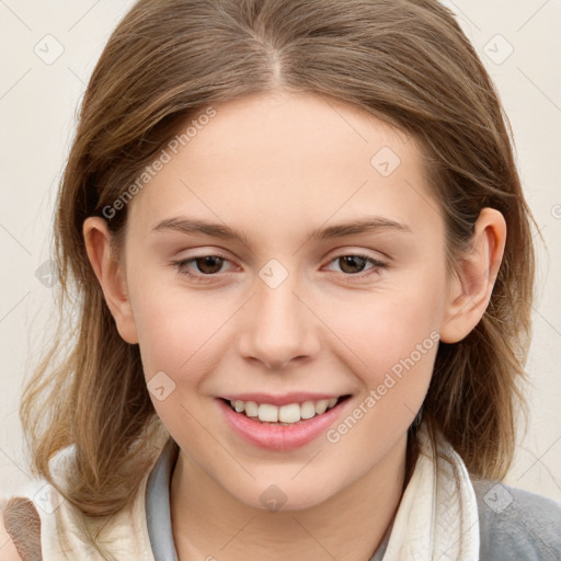 Joyful white child female with medium  brown hair and brown eyes