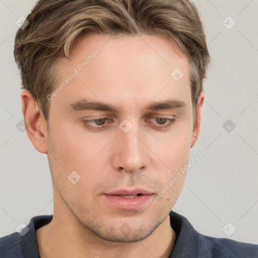 Neutral white young-adult male with short  brown hair and grey eyes