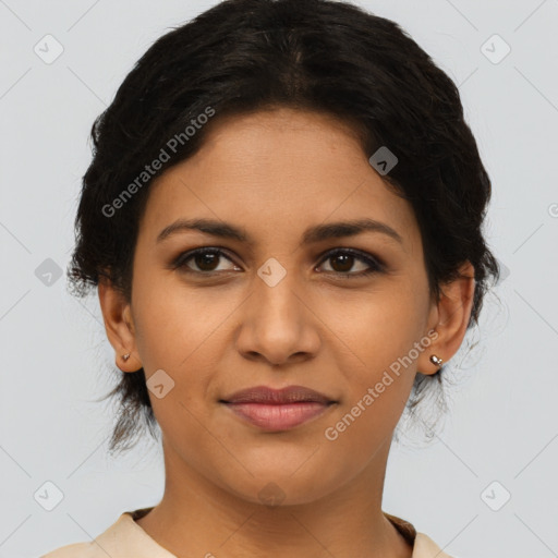 Joyful latino young-adult female with medium  brown hair and brown eyes