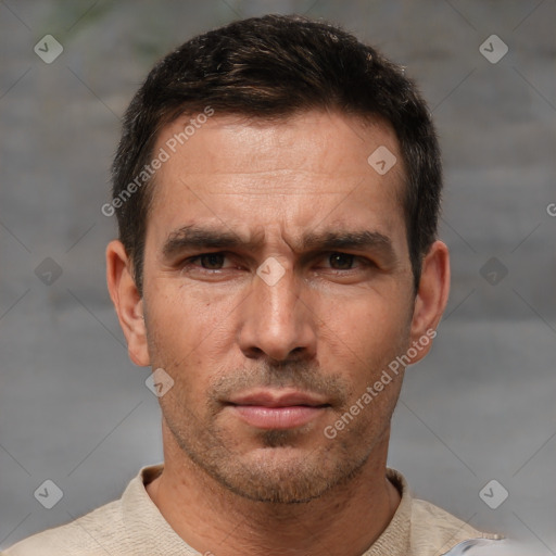 Neutral white adult male with short  brown hair and brown eyes