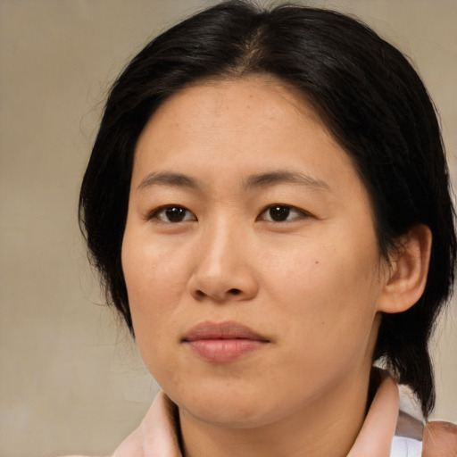 Joyful asian adult female with medium  brown hair and brown eyes