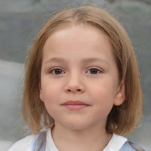 Neutral white child female with medium  brown hair and blue eyes