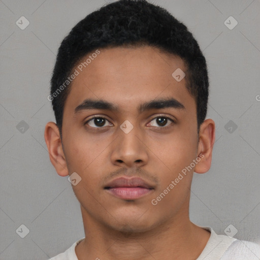 Neutral latino young-adult male with short  black hair and brown eyes