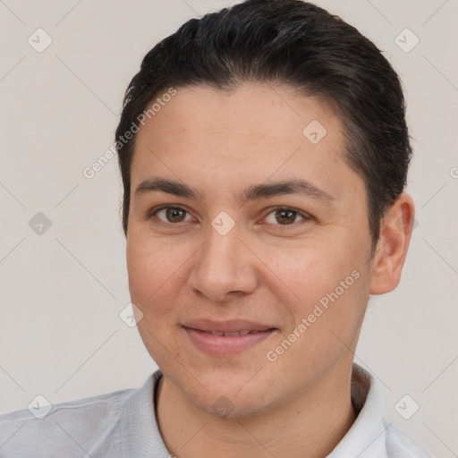 Joyful white young-adult female with short  brown hair and brown eyes