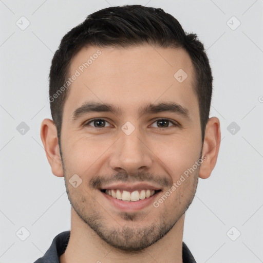 Joyful white young-adult male with short  brown hair and brown eyes