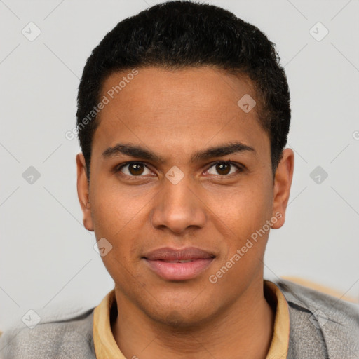 Joyful latino young-adult male with short  brown hair and brown eyes