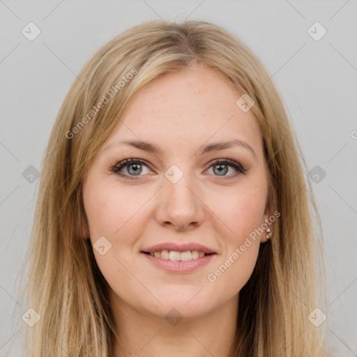 Joyful white young-adult female with long  brown hair and grey eyes