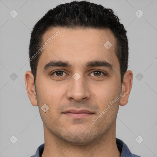 Neutral white young-adult male with short  brown hair and brown eyes