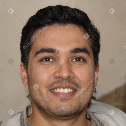 Joyful latino young-adult male with short  black hair and brown eyes