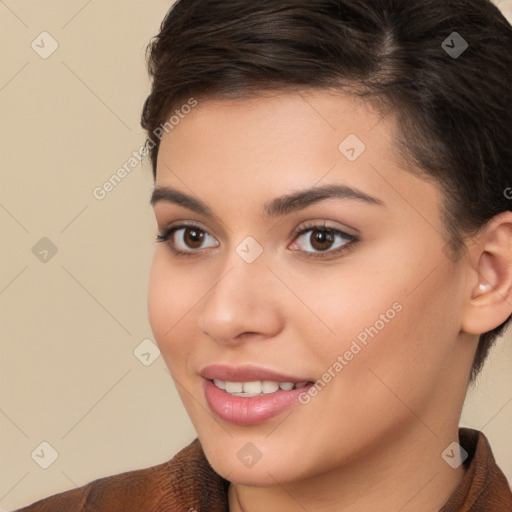 Joyful white young-adult female with medium  brown hair and brown eyes