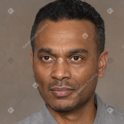 Joyful black adult male with short  black hair and brown eyes