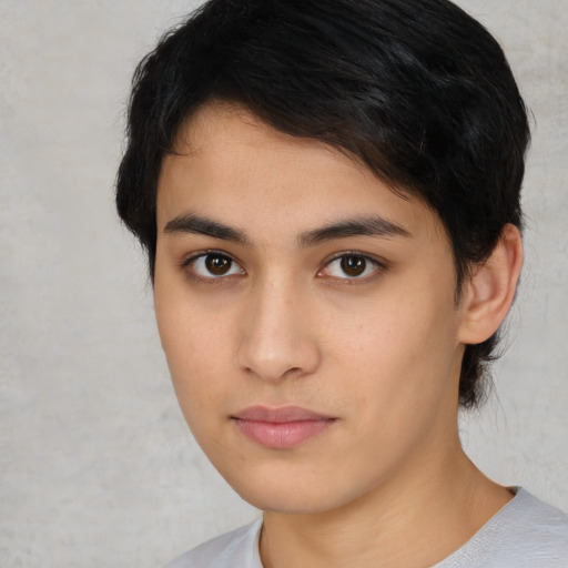 Neutral asian young-adult female with short  brown hair and brown eyes