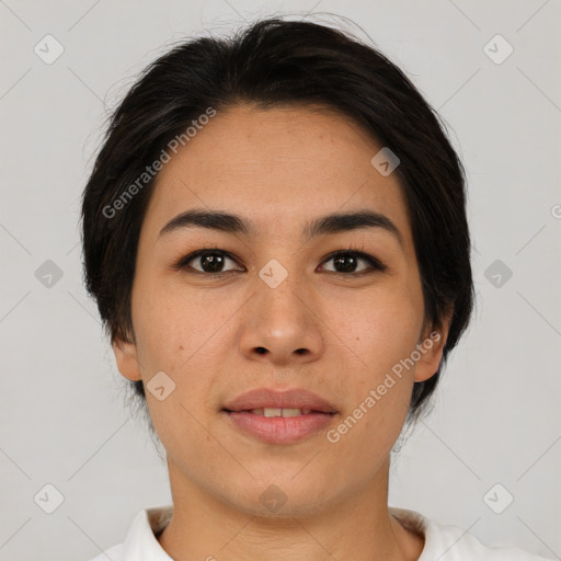 Joyful asian young-adult female with medium  brown hair and brown eyes