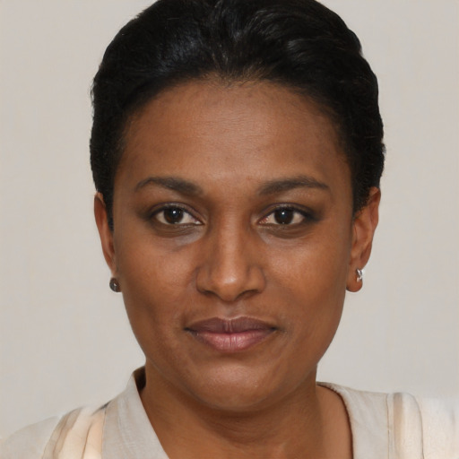 Joyful black young-adult female with short  black hair and brown eyes