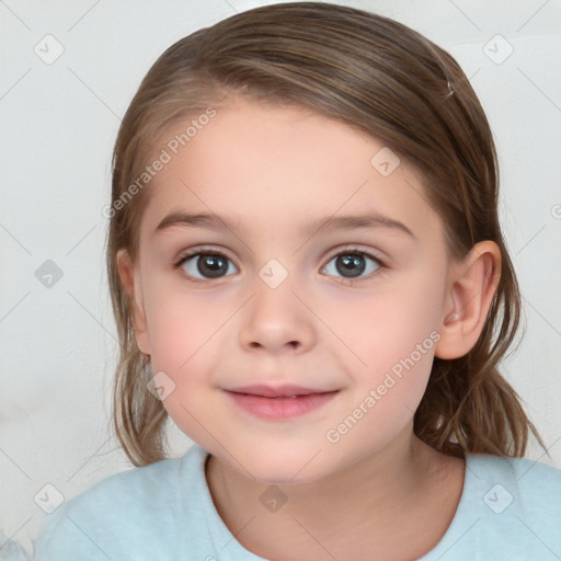 Joyful white child female with medium  brown hair and brown eyes