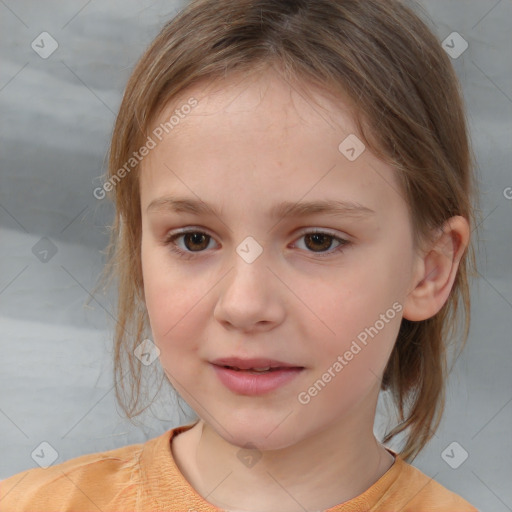 Joyful white child female with medium  brown hair and brown eyes