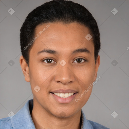 Joyful white young-adult female with short  black hair and brown eyes