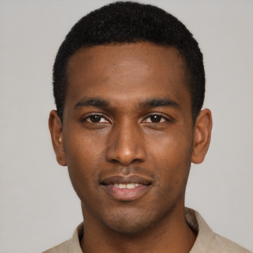 Neutral black young-adult male with short  black hair and brown eyes