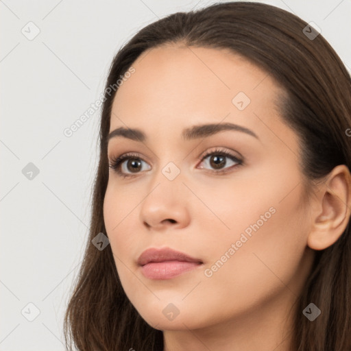 Neutral white young-adult female with long  brown hair and brown eyes