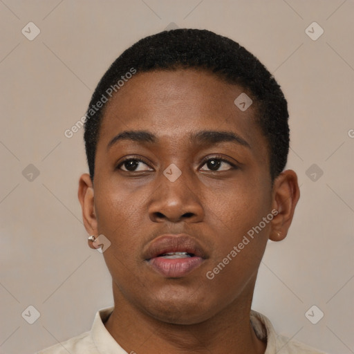 Neutral black young-adult male with short  black hair and brown eyes