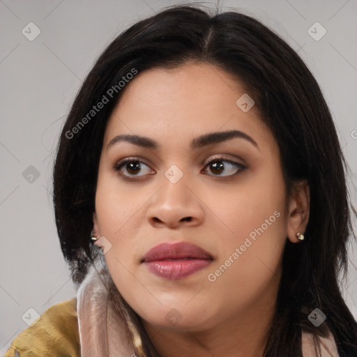 Joyful asian young-adult female with long  brown hair and brown eyes